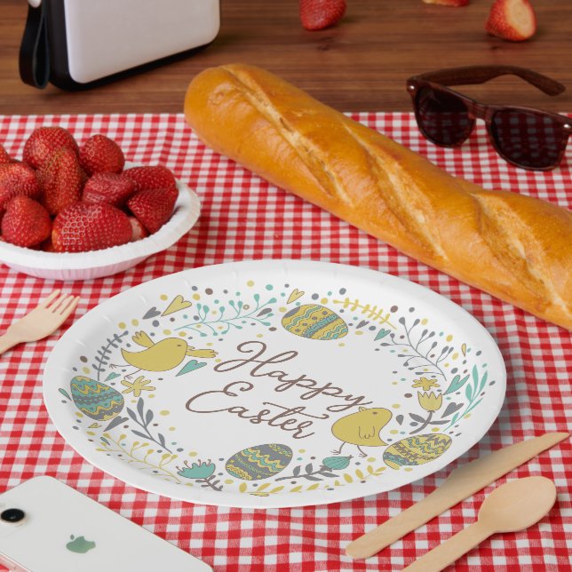 Festive Colourful Happy Easter Chicks & Wreath Paper Plate (Picnic)