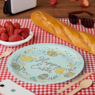 Festive Colourful Happy Easter Chicks & Wreath Paper Plate