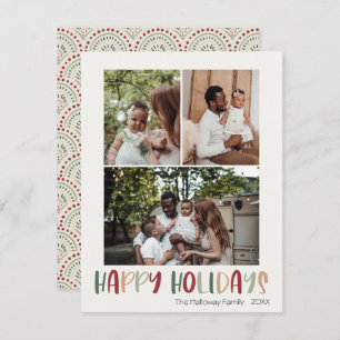 Festive Colourful Happy Holidays Vertical 3 Photo Holiday Card