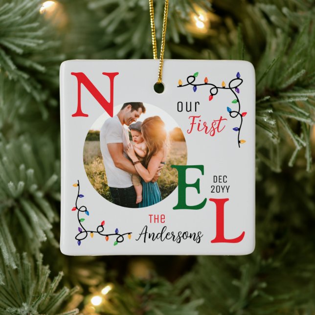 Festive Colourful Keepsake Family Photo First Noel Ceramic Ornament (Tree)