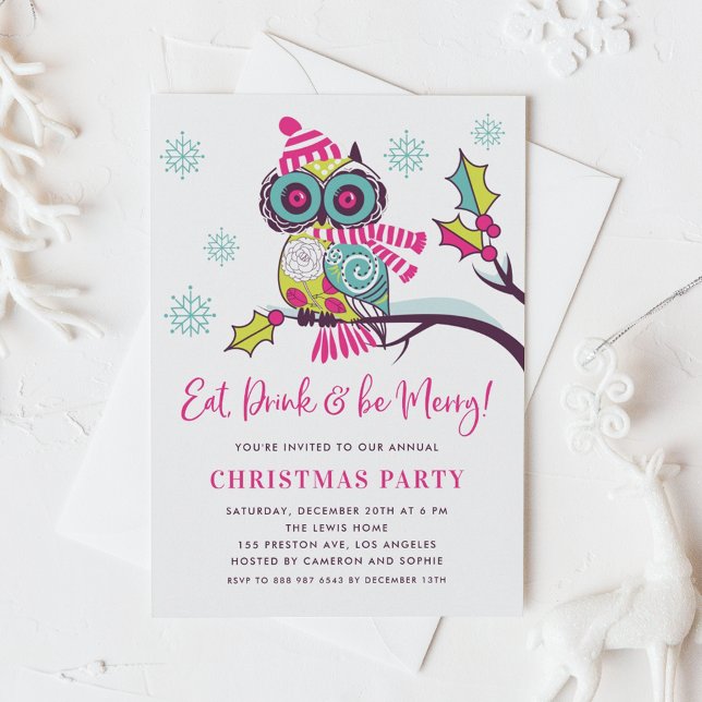 Festive Colourful Neon Owl Christmas Party Invitation (Creator Uploaded)