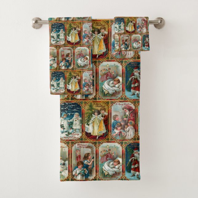 Festive Colourful Ornate Victorian Christmas Cards Bath Towel Set (Insitu)