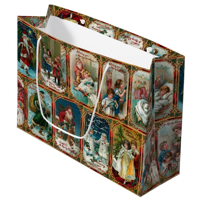 Festive Colourful Ornate Victorian Christmas Cards Large Gift Bag (Front Angled)