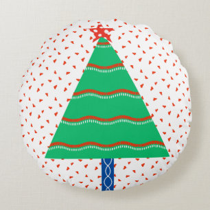 Festive Colourful Patchwork Christmas Tree Round Cushion