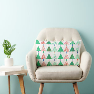 Festive Colourful Patchwork Christmas Trees Lumbar Cushion