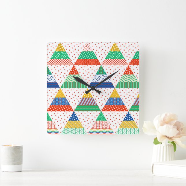 Festive Colourful Patchwork Christmas Triangles Square Wall Clock (Home)