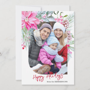 Festive Colourful Pink Poinsettias Photo Holiday Card