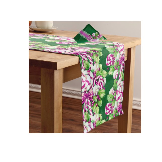 Festive Colourful Pink White Green Candy Cane  Med Medium Table Runner (Sweet festive candy cane table runner)
