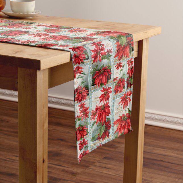 Festive Colourful Vintage Poinsettias Long Table Runner (In Situ)