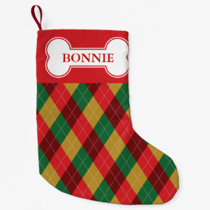 Festive Colours Argyle Pattern & Dog Bone With Nam Small Christmas Stocking