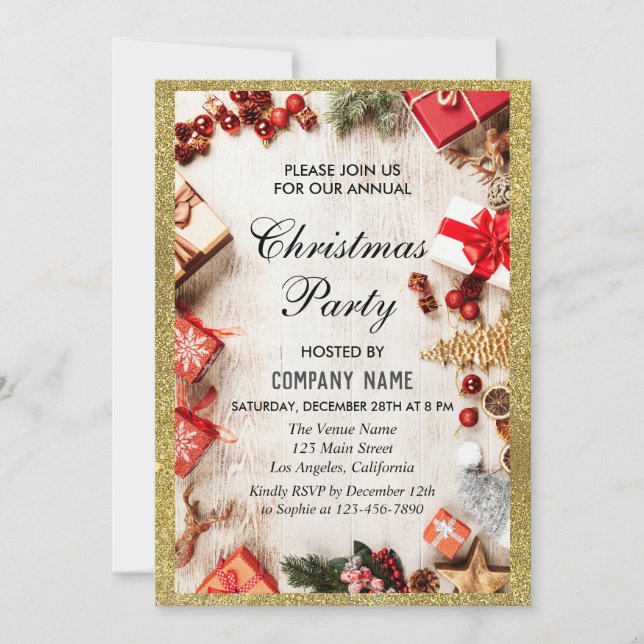 Festive Company Christmas Party White Gold Glitter Invitation (Front)