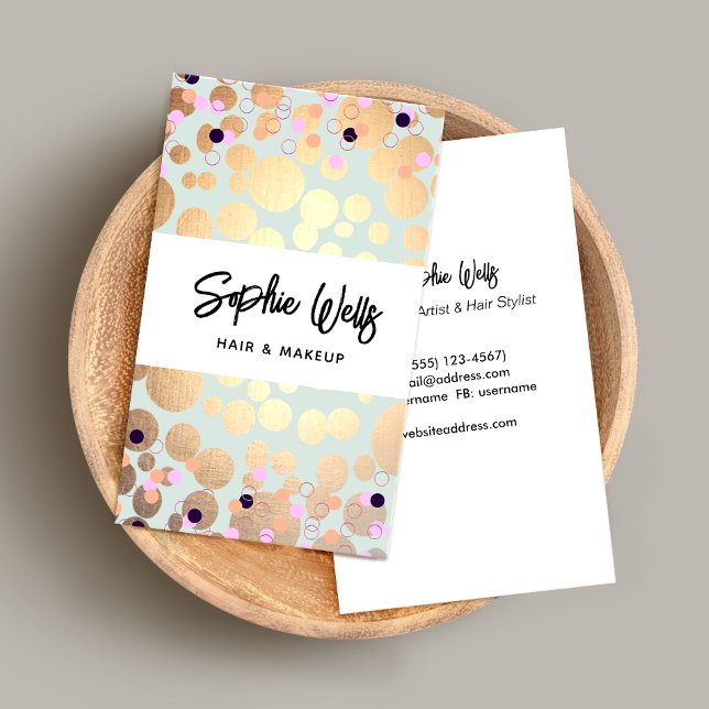 Festive Confetti & Gold Circles Look Beauty Salon Business Card (Creator Uploaded)