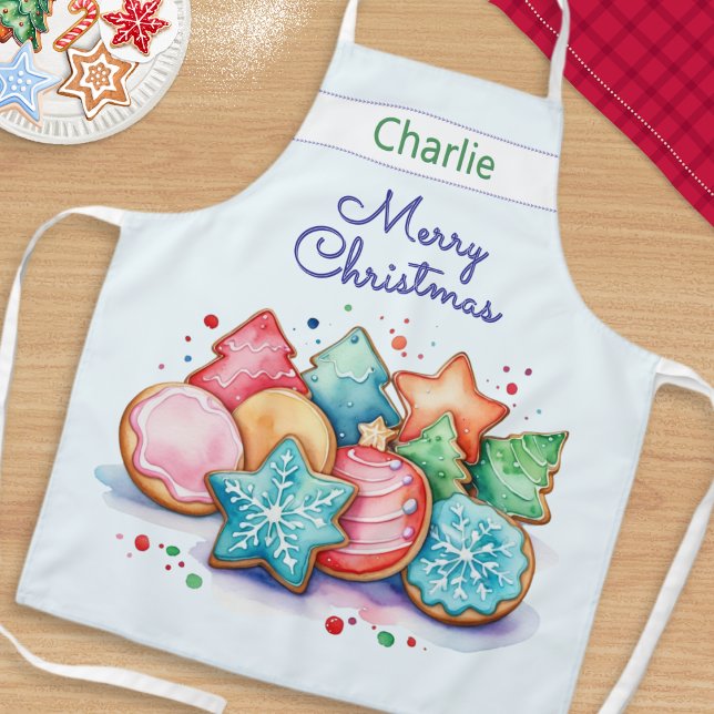 Festive Cookies Merry Christmas Personalised Apron (A personalized kitchen apron, with colorful Christmas cookies illustration in a watercolor style)