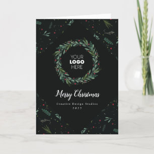 Festive Corporate Wreath Leaves Berries Folded Holiday Card