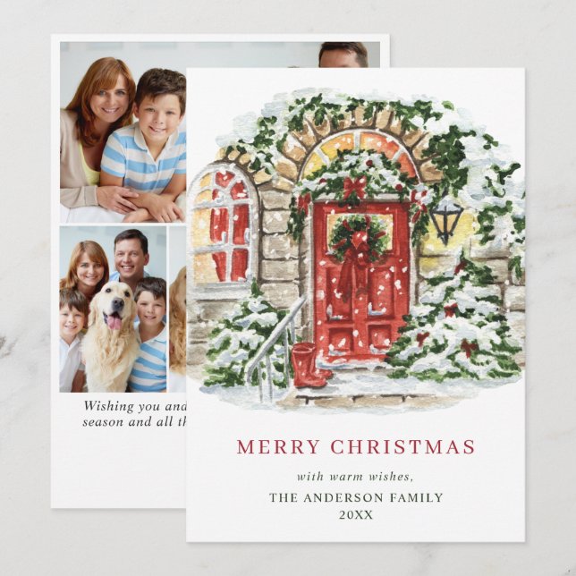 Festive Country House Christmas Greeting 4 Photo Holiday Card (Front/Back)