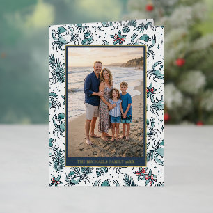 Festive Crab Pattern Family Photo Christmas Foil Holiday Card