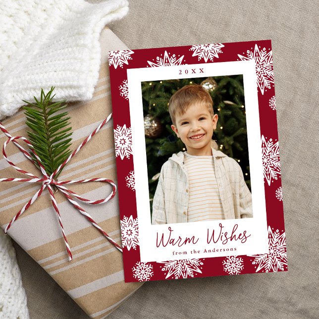 Festive Cranberry and White Snowflakes Photo Holiday Card (Creator Uploaded)