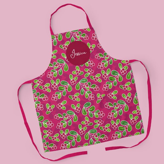 Festive Cranberry Foliage Pattern, Fuchsia  Apron (Winter Cranberries in Fuchsia Pattern with Name Apron)