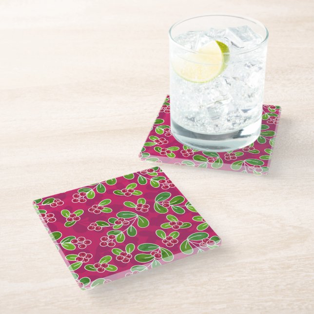 Festive Cranberry Foliage Pattern, Fuchsia  Glass Coaster (Angled)