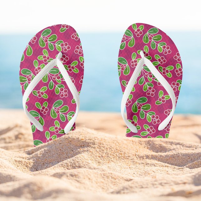 Festive Cranberry Foliage Pattern, Fuchsia  Jandals (Holiday Cranberry Pattern Flip-flops)