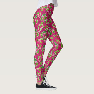 Festive Cranberry Foliage Pattern, Fuchsia  Leggings