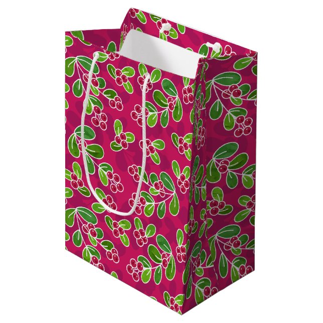 Festive Cranberry Foliage Pattern, Fuchsia  Medium Gift Bag (Front Angled)