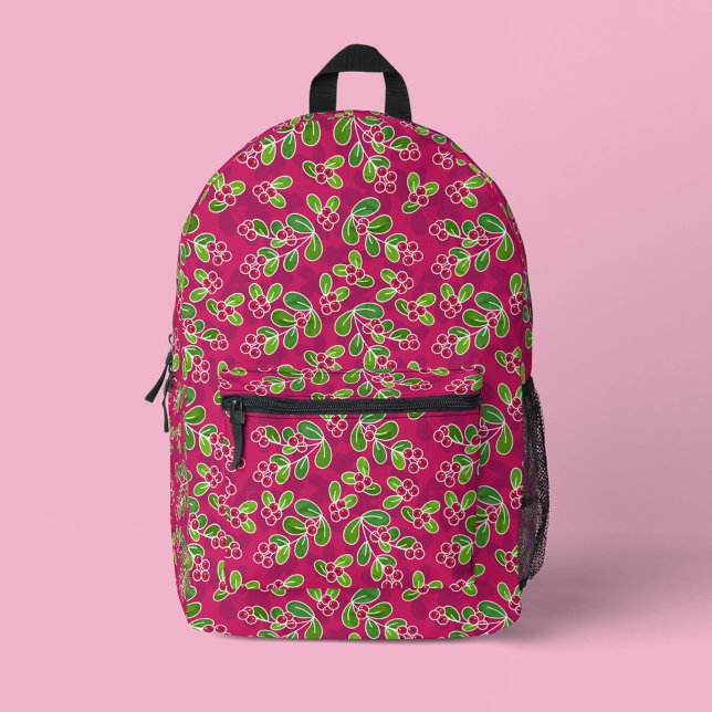 Festive Cranberry Foliage Pattern, Fuchsia  Printed Backpack (Red Cranberry Pattern Backpack)