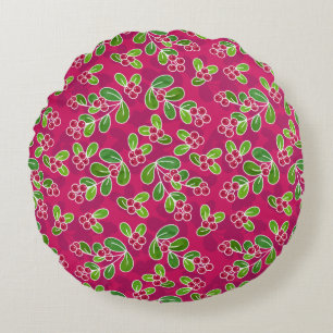 Festive Cranberry Foliage Pattern, Fuchsia  Round Cushion