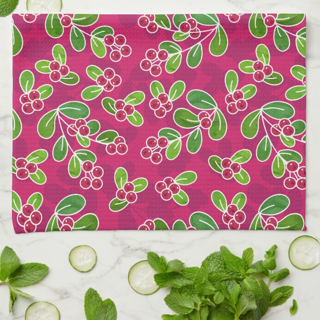 Festive Cranberry Foliage Pattern, Fuchsia  Tea Towel (Folded)