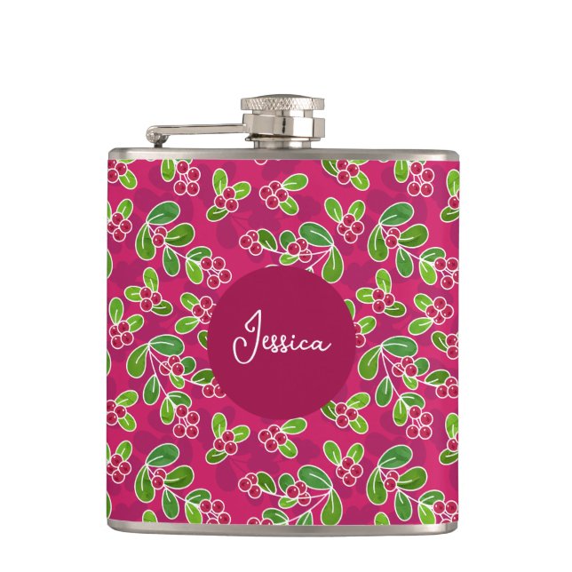 Festive Cranberry Fruit Pattern, Fuchsia  Hip Flask (Front)