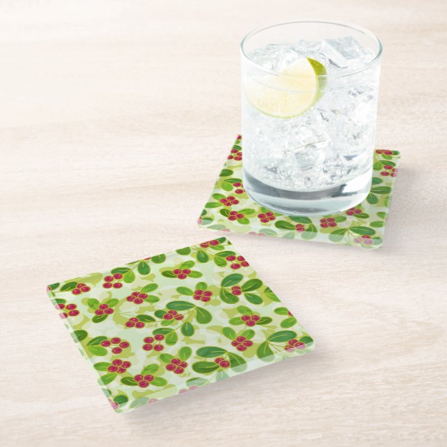 Festive Cranberry Fruit Pattern, Green Glass Coaster (Angled)