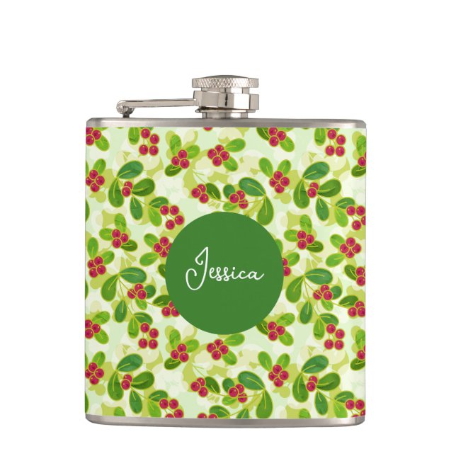 Festive Cranberry Fruit Pattern, Green Hip Flask (Front)