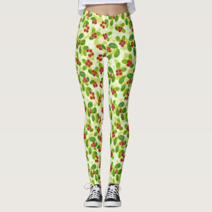 Festive Cranberry Fruit Pattern, Green Leggings