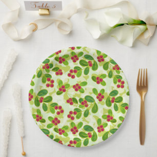 Festive Cranberry Fruit Pattern, Green Paper Plate