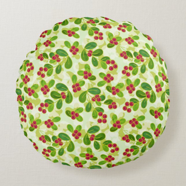 Festive Cranberry Fruit Pattern, Green Round Cushion (Front)