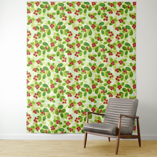 Festive Cranberry Fruit Pattern, Green Tapestry (In Situ)