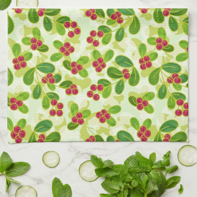 Festive Cranberry Fruit Pattern, Green Tea Towel (Folded)