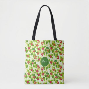 Festive Cranberry Fruit Pattern, Green Tote Bag