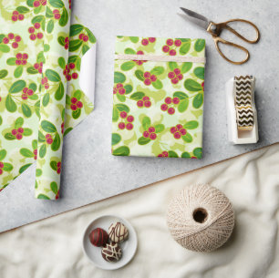Festive Cranberry Fruit Pattern, Green Wrapping Paper