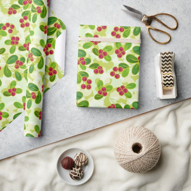 Festive Cranberry Fruit Pattern, Green Wrapping Paper (Crafts)