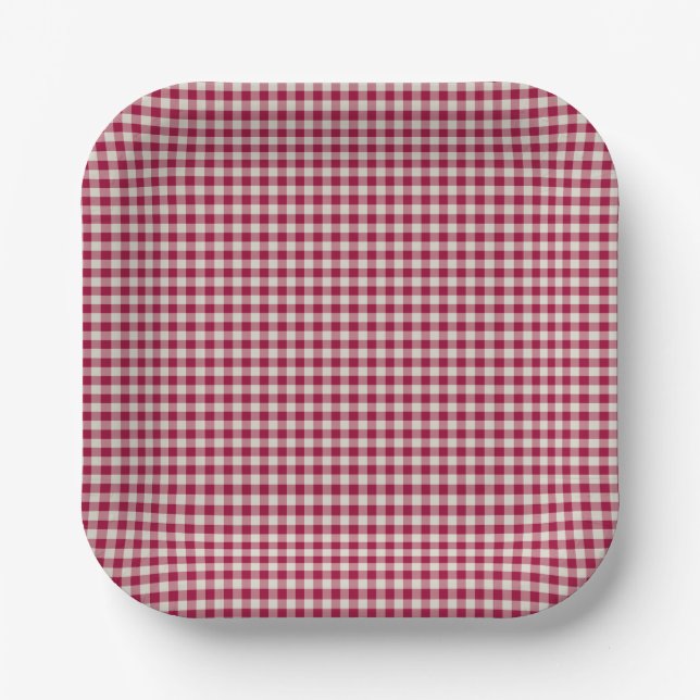 Festive Cranberry Red Gingham Plaid Rustic Holiday Paper Plate (Front)