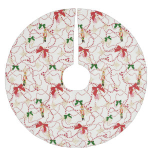 Festive Cream Gold Nutcracker Bow Ornament Holiday Brushed Polyester Tree Skirt