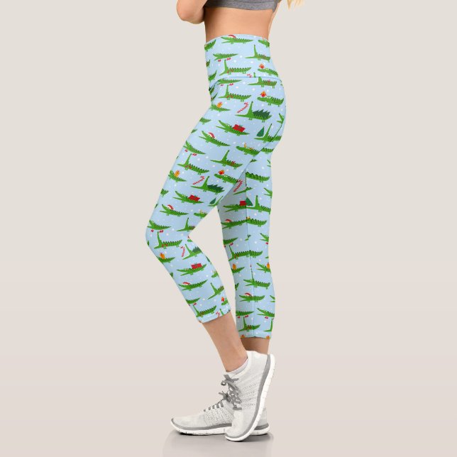 Festive Crocodiles in Christmas Costumes Pattern Capri Leggings (Left)