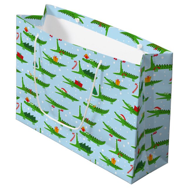 Festive Crocodiles in Christmas Costumes Pattern Large Gift Bag (Front Angled)