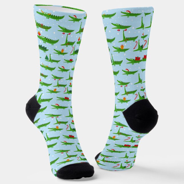 Festive Crocodiles in Christmas Costumes Pattern Socks (Angled)