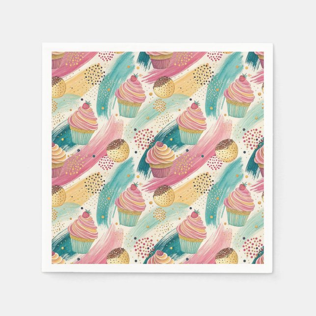 Festive Cupcake & Brushstroke Celebration Pattern Napkin (Front)