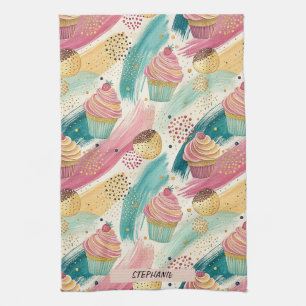 Festive Cupcake & Brushstroke Celebration Pattern Tea Towel