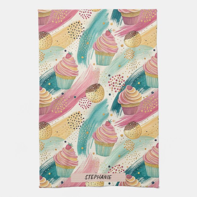 Festive Cupcake & Brushstroke Celebration Pattern Tea Towel (Vertical)