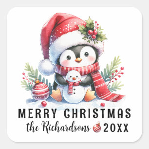 Festive Custom Name Cute Penguin Merry Christmas Square Sticker