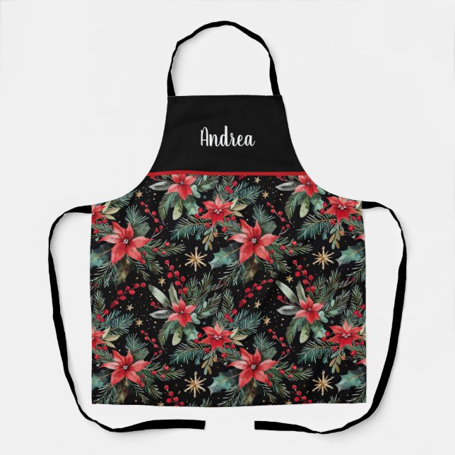 Festive Custom Vintage Christmas Flowers Pattern Apron (Front)